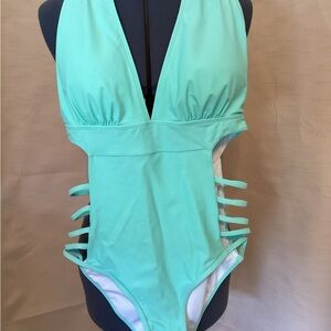 Women's Lake Blue/ Light Green Cutout One-Piece Swimsuit